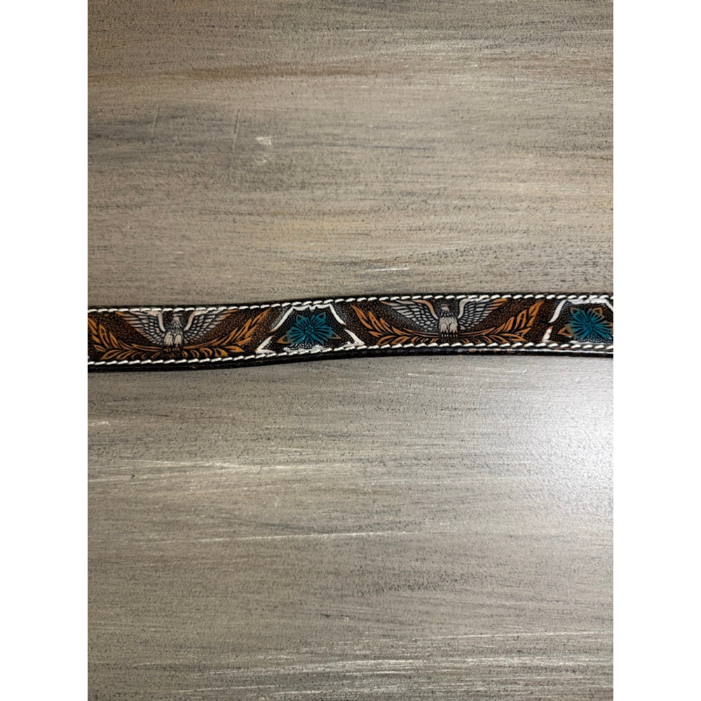 Vintage Tooled Cowhide Leather Belt Eagle/Floral Teal 26 Waist - Picture 5 of 12